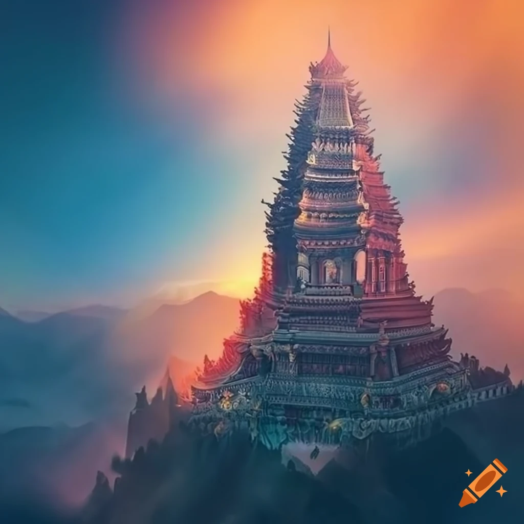 Imaginative, powerful, and magnificent temple atop a high mountain on