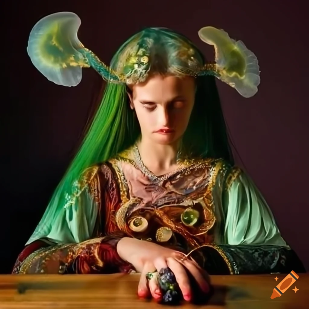 Mushroom and crystal jellyfish with green-haired goddess in traditional Christian Roman Orthodox dress and fairy wings