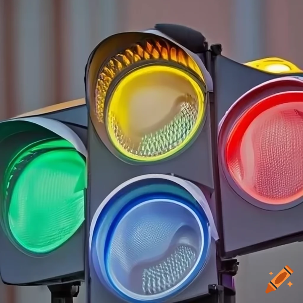 Vertical traffic signal with red, yellow, green, and blue lights