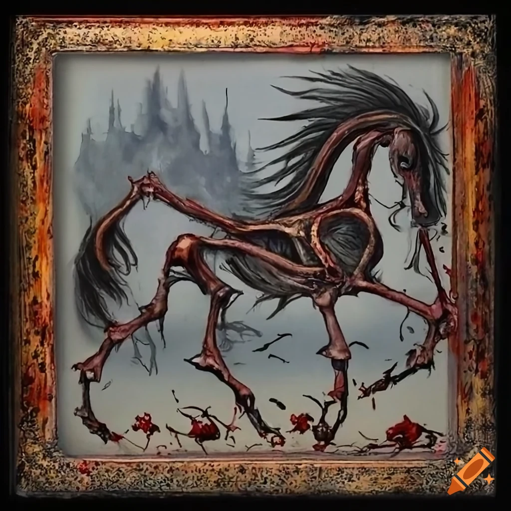 Symbolism art style detailed painting of a skeletal horse with bird