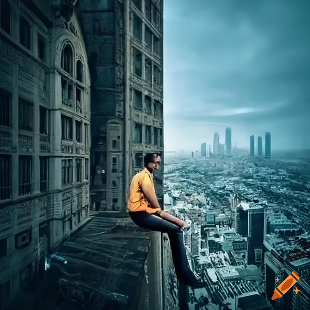 Man overlooking city from tall building