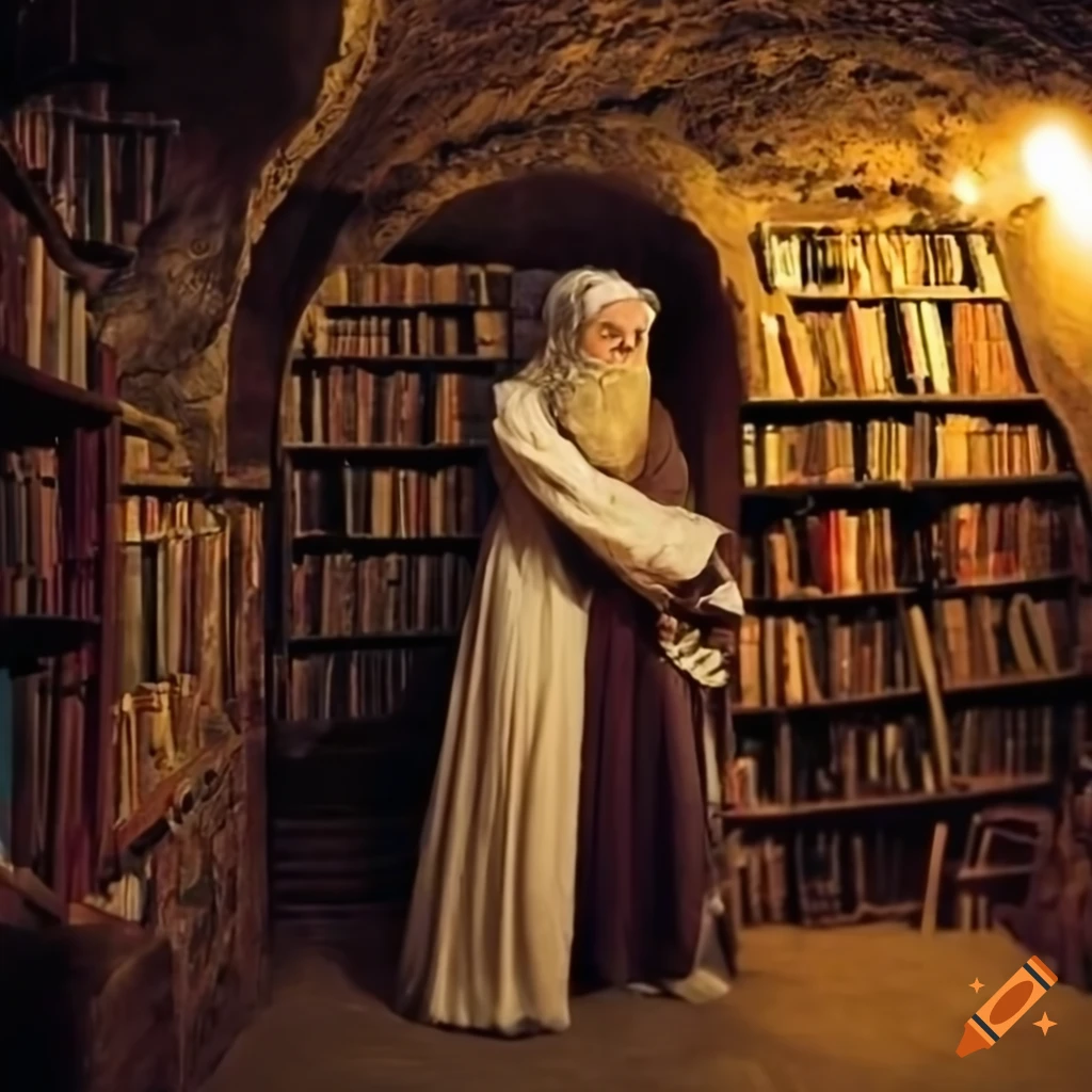 Merlin teaching medieval girlfriend in underground grotto library at
