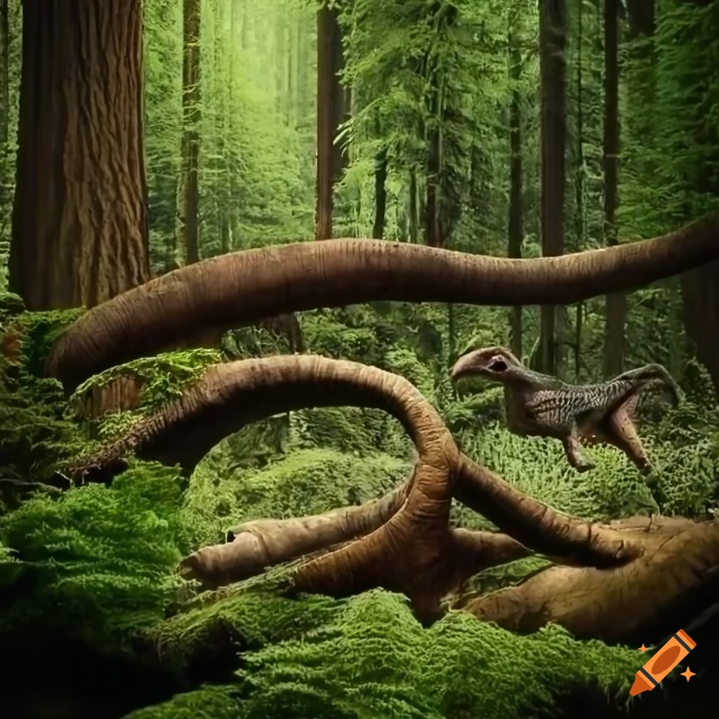 Colorful Hadrosaurus in a cedar forest with fallen trees and fern undergrowth