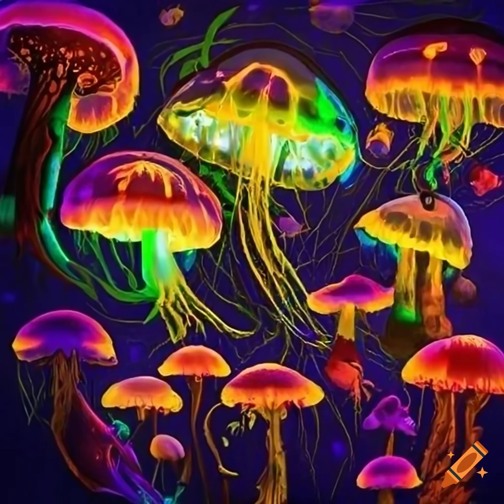 Enchanting forest with vibrant lights and animated plant life on Craiyon