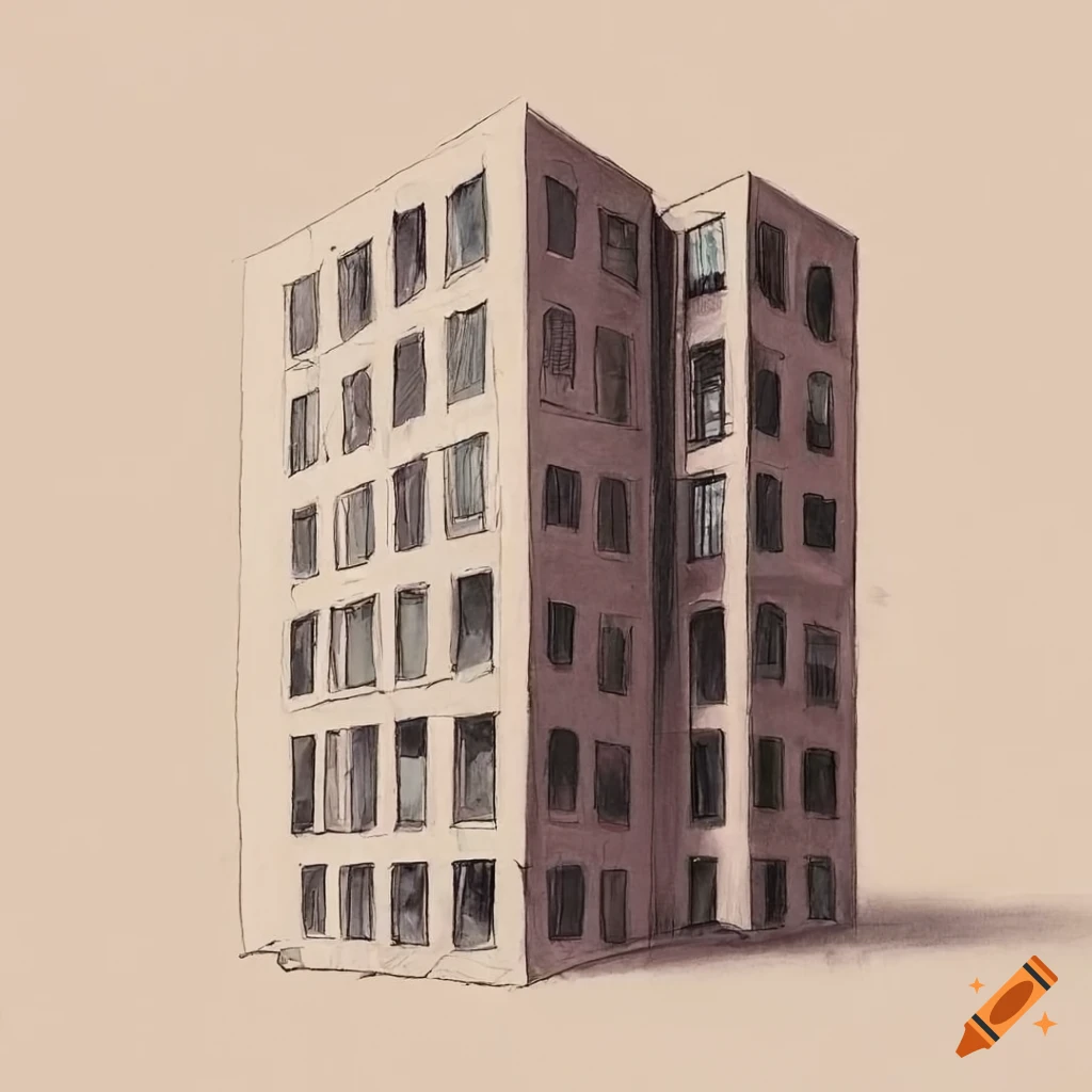 Charcoal drawing of residential block designed by Schinkel and Henselmann with muted colors