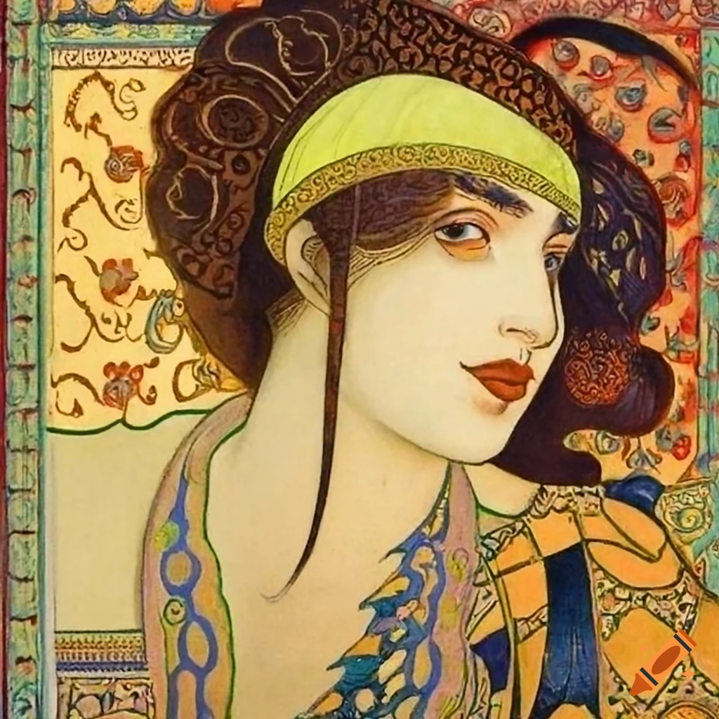 Artistic painting inspired by Eugène Grasset, Walter Crane, Edmund Dulac, and Diego Rivera depicting a scene from "The Arabian Nights" with Islamic Calligraphy