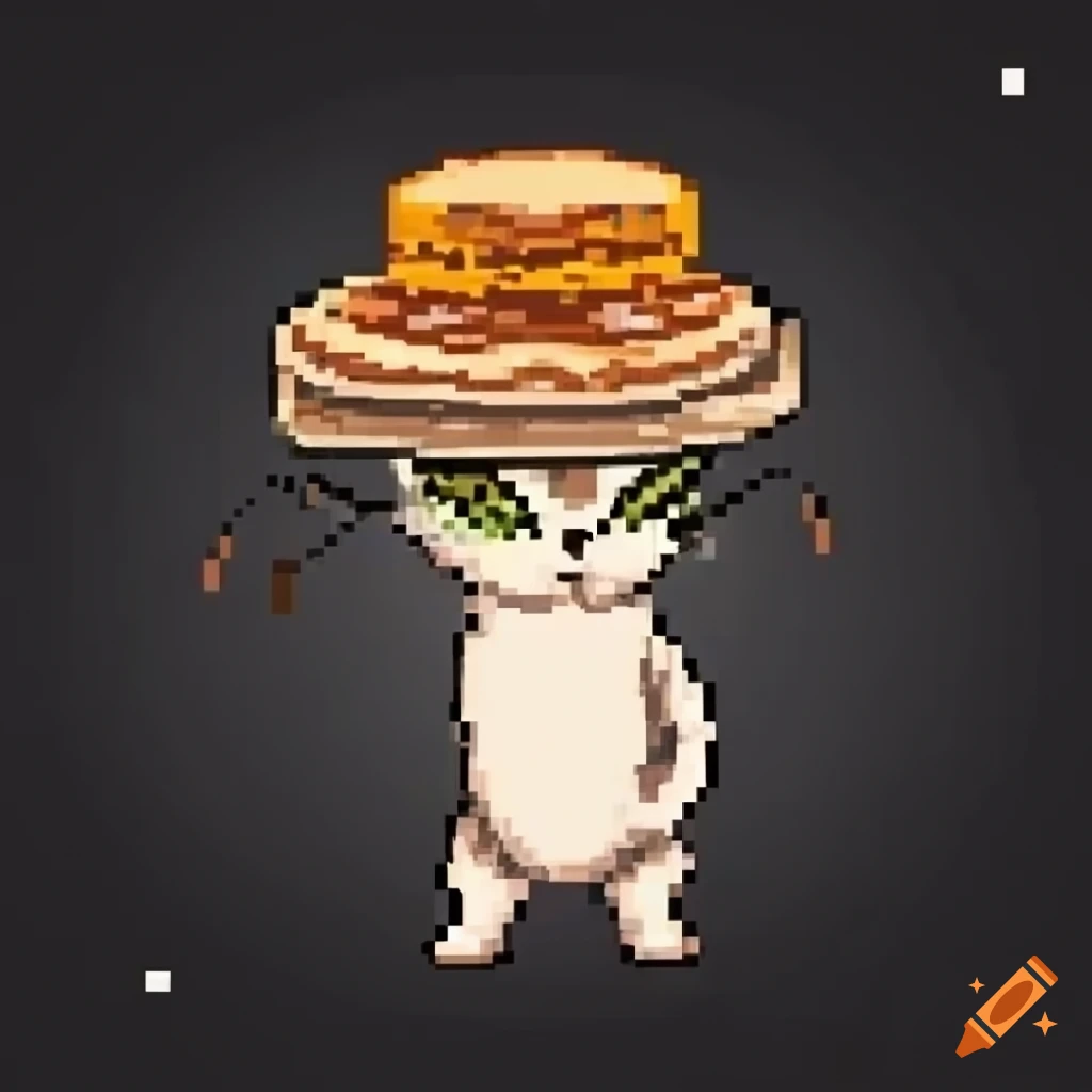 Cat with a pancake on its head in pixel art style on Craiyon