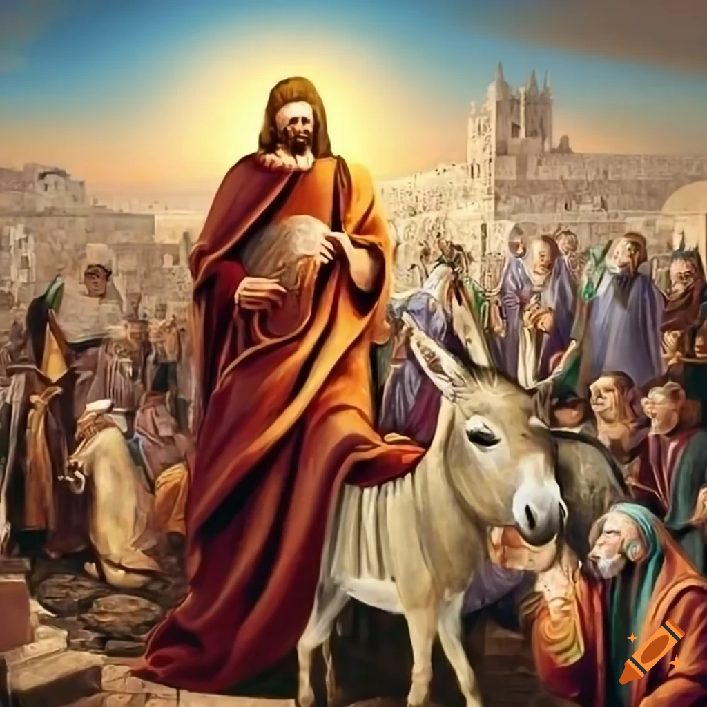 Religious scene of jesus arriving in jerusalem on a donkey with joyful ...