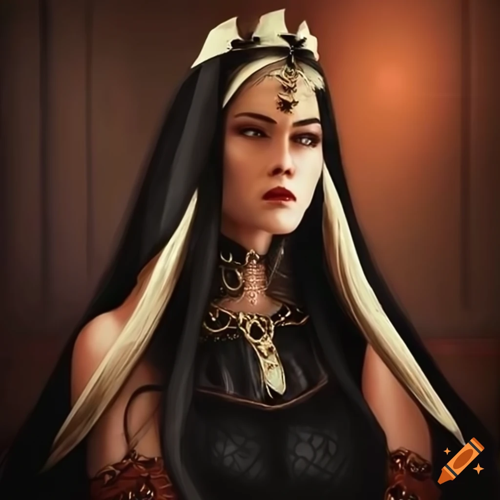Medieval brunette queen in black dress on Craiyon