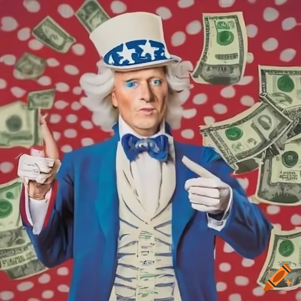 Uncle sam pointing with money in background on Craiyon