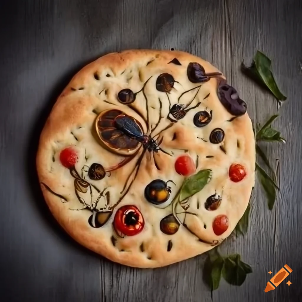 Plate of artisanal flat bread focaccia with insects
