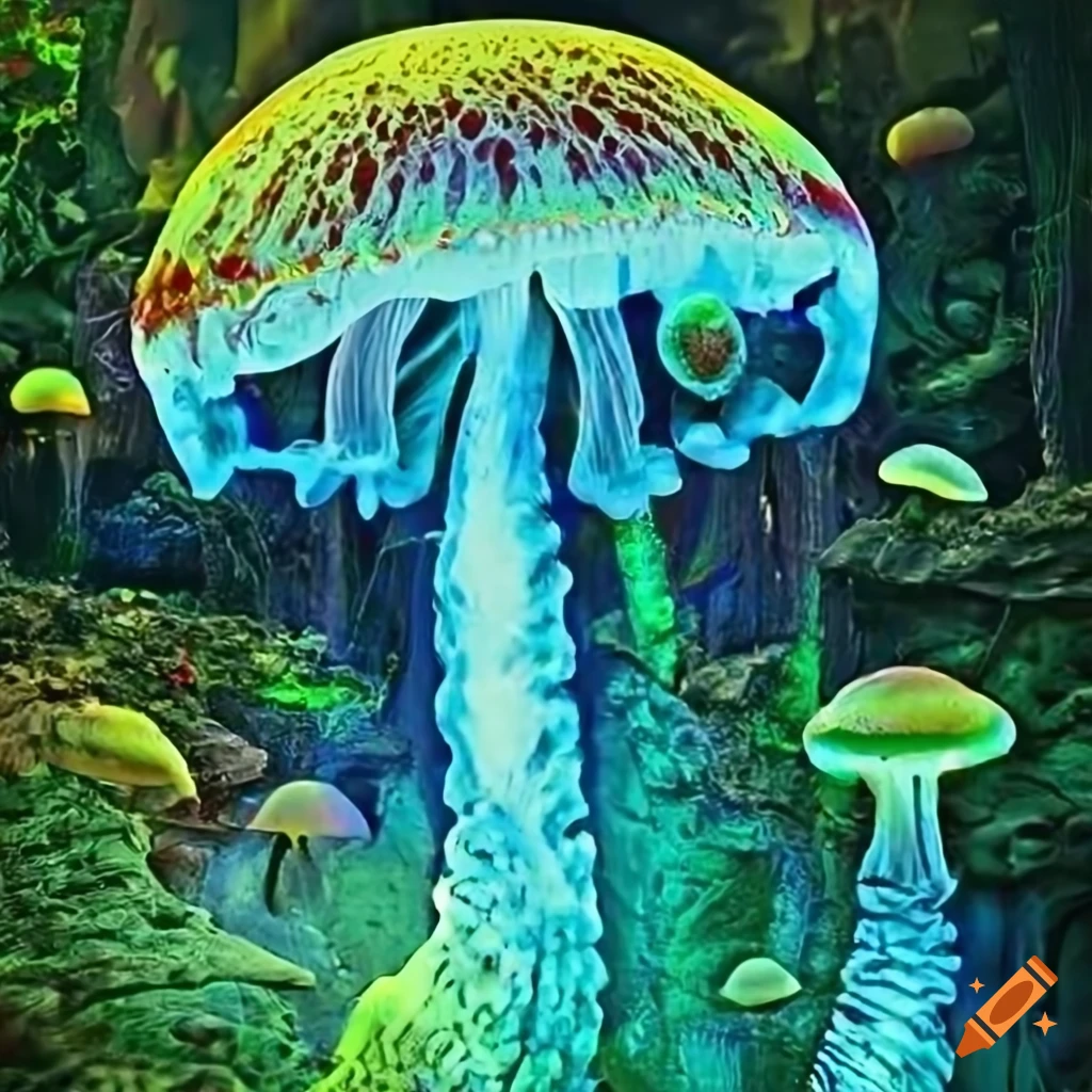 Vibrant fantasy forest with glowing plants and animated life on Craiyon