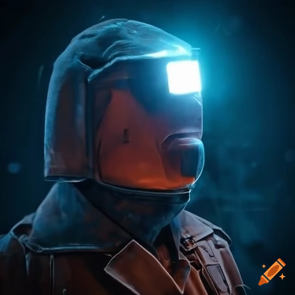 Welder in trenchcoat in a sci-fi setting