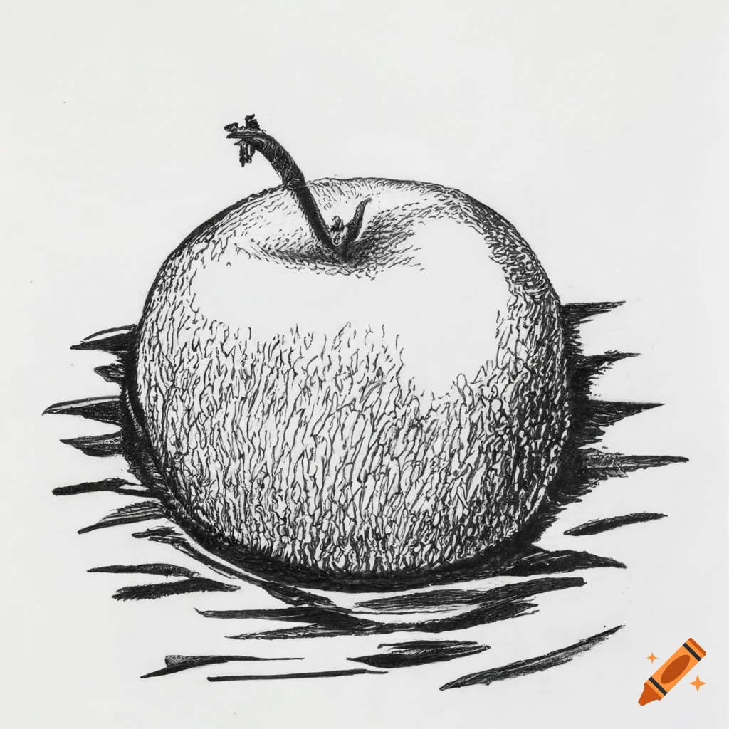 Floating apple in a lake, pencil drawing in black and white