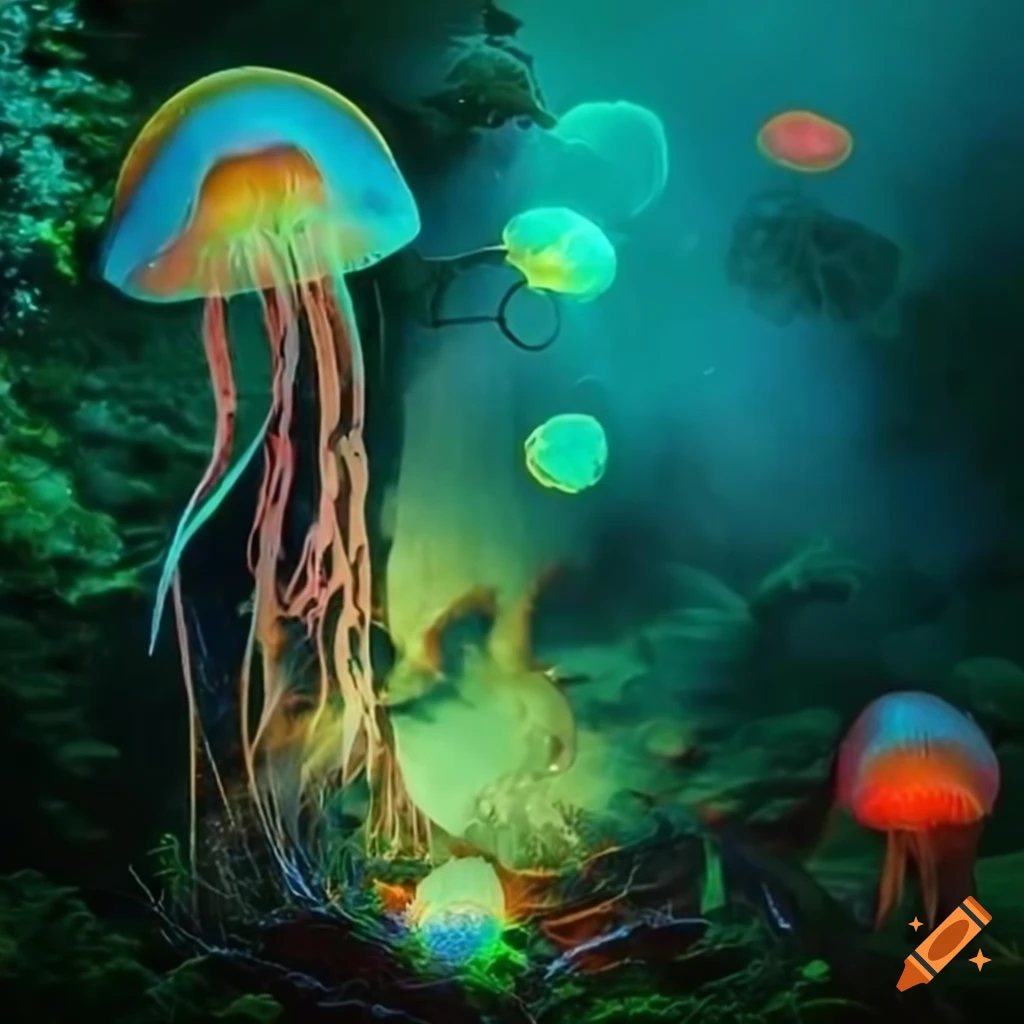 Glowing fairy goddess forest and neon rainforest with vibrant lights ...
