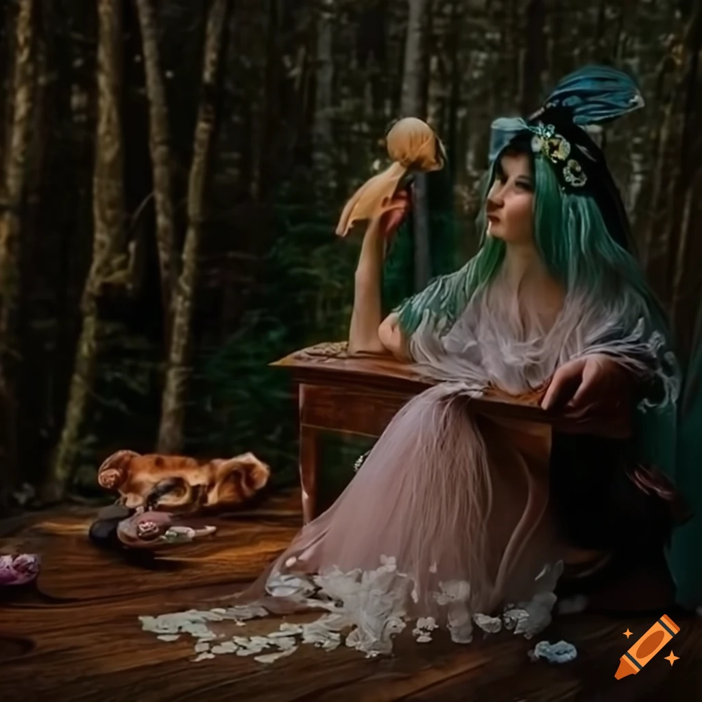 Mushroom and crystal jellyfish with green-haired goddess in traditional Christian Roman Orthodox dress and fairy wings