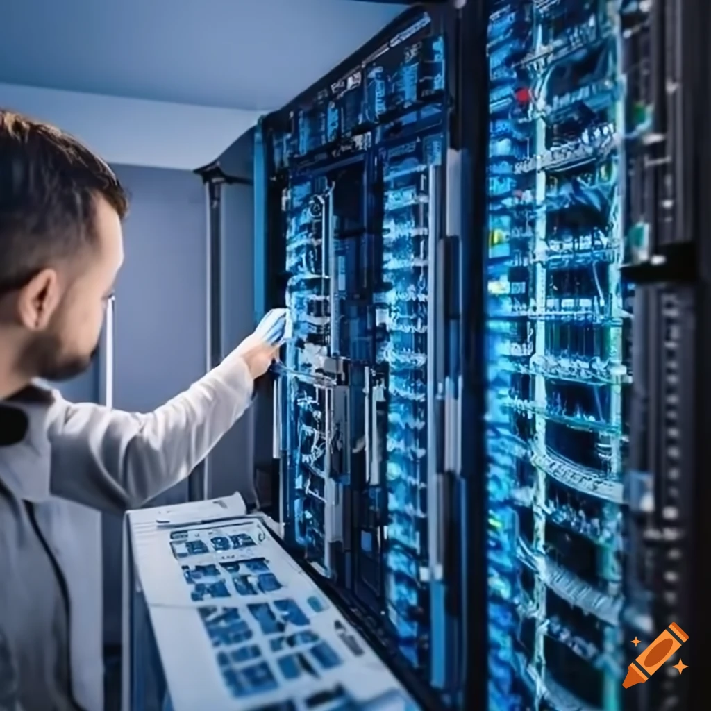 engineer fixing network cabling in a server room on Craiyon