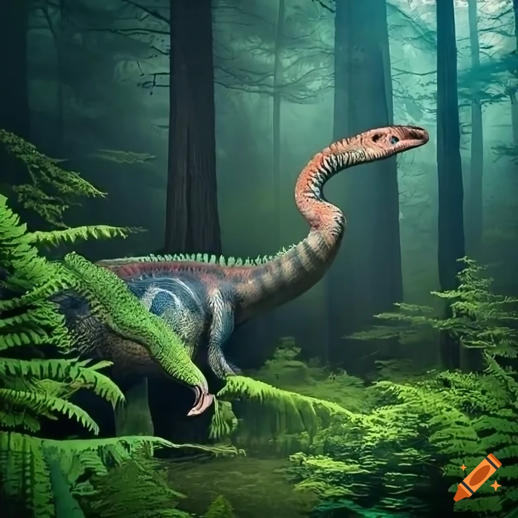 Colorful Hadrosaurus in a cedar forest with fallen trees and fern undergrowth