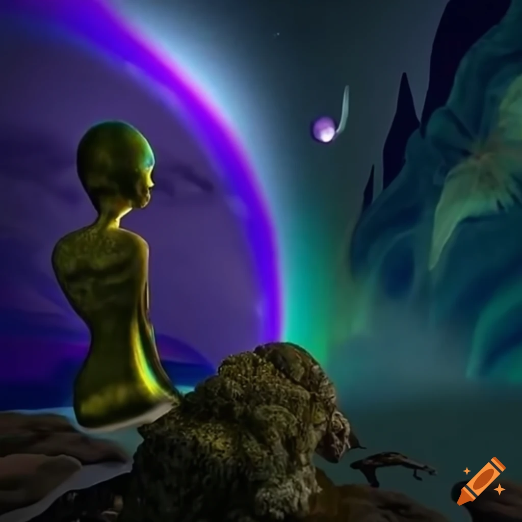 Otherworldly journey through an Alien Planet with radiant rivers, mystical statue, and purple plants