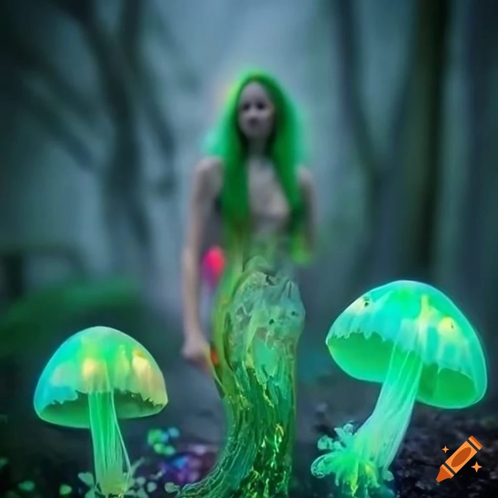 Fairy goddess in neon rainforest with vibrant lights and animated plant ...
