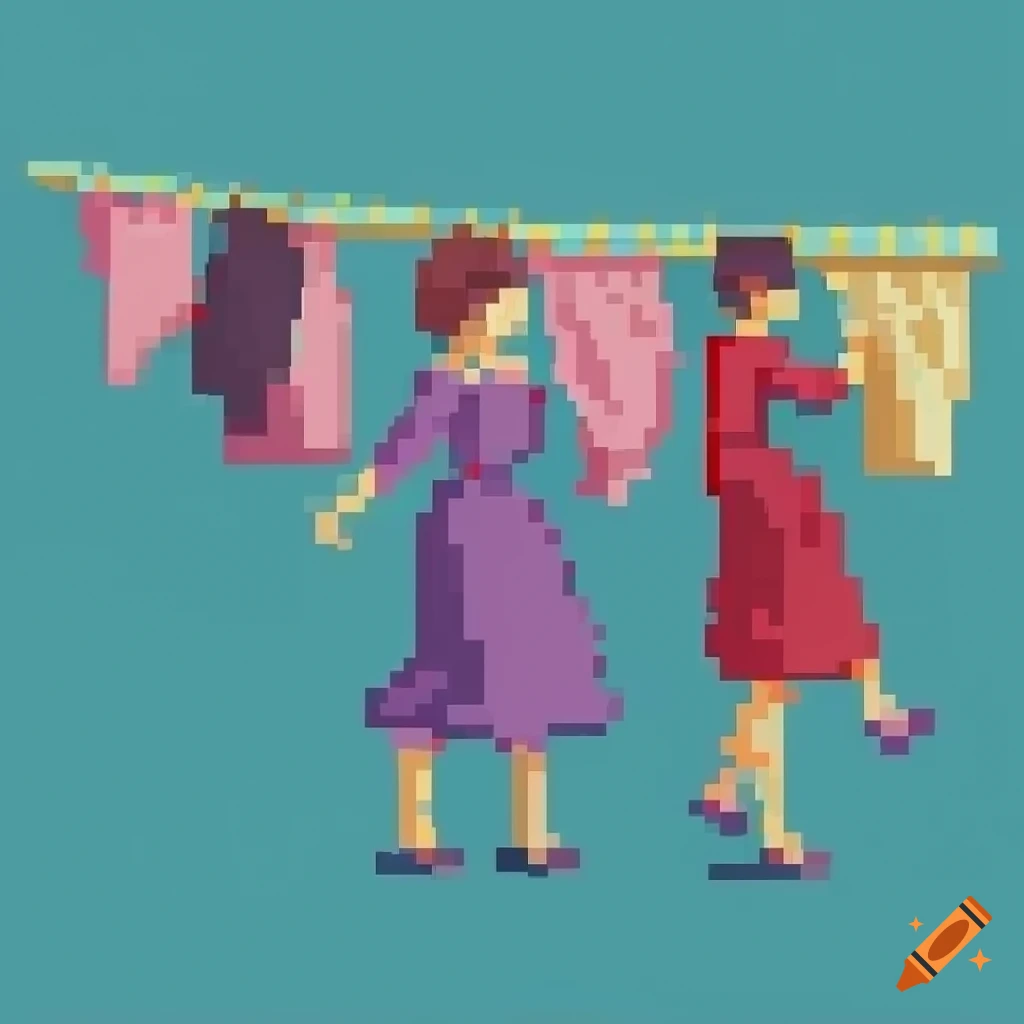 Pixel art of women hanging laundry in a long row