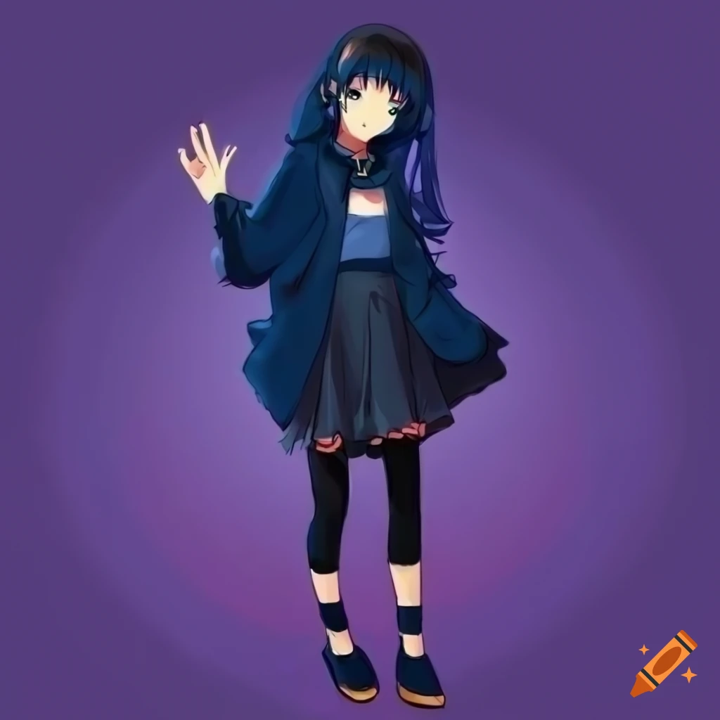 Anime lofi girl with dark blue hair waving and smiling