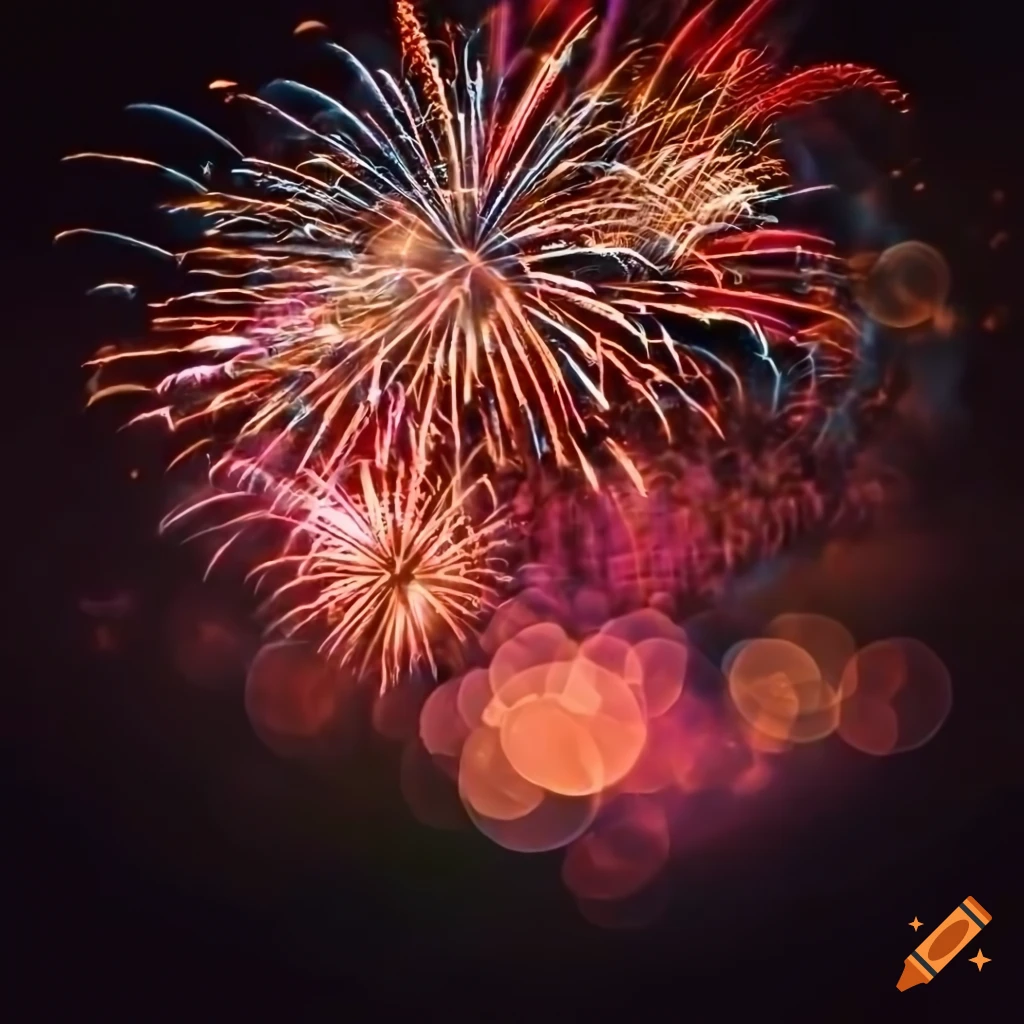 Fiery fireworks bokeh in the night sky