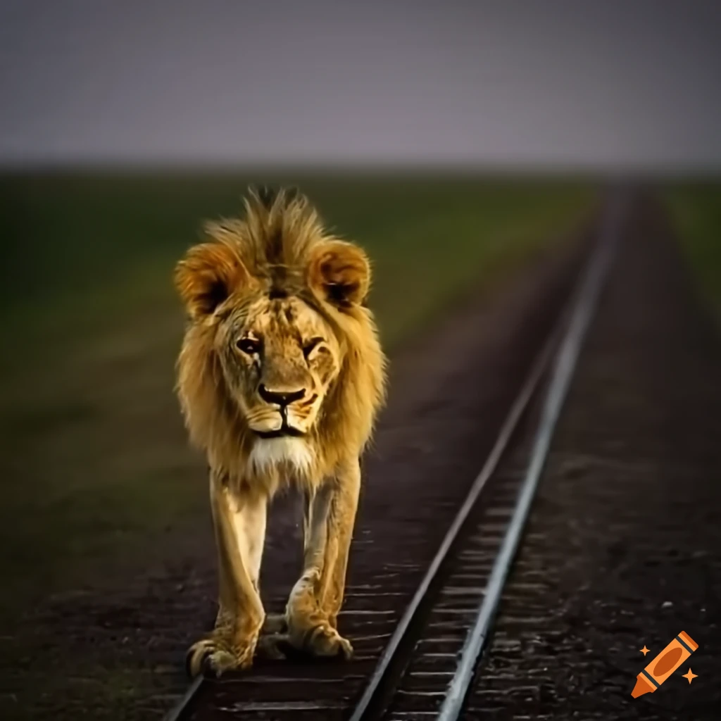 Lion crossing a track on a rainy evening under a yellow sky