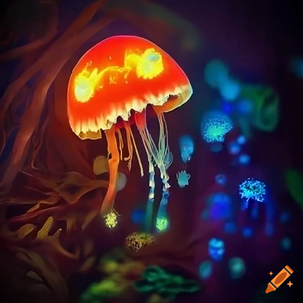 Vibrant fantasy forest with glowing fungus and neon rainforest on Craiyon