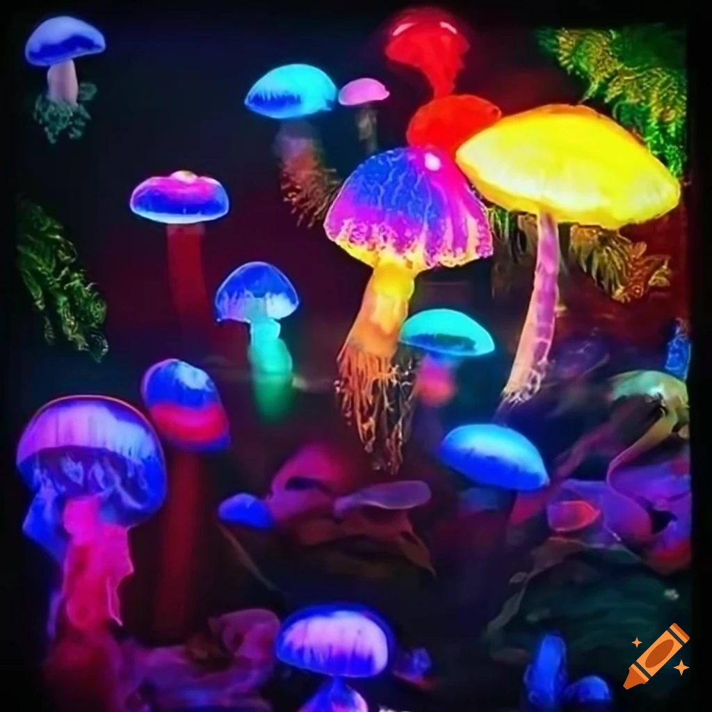 Vibrant fantasy forest and neon rainforest with glowing fungus and ...