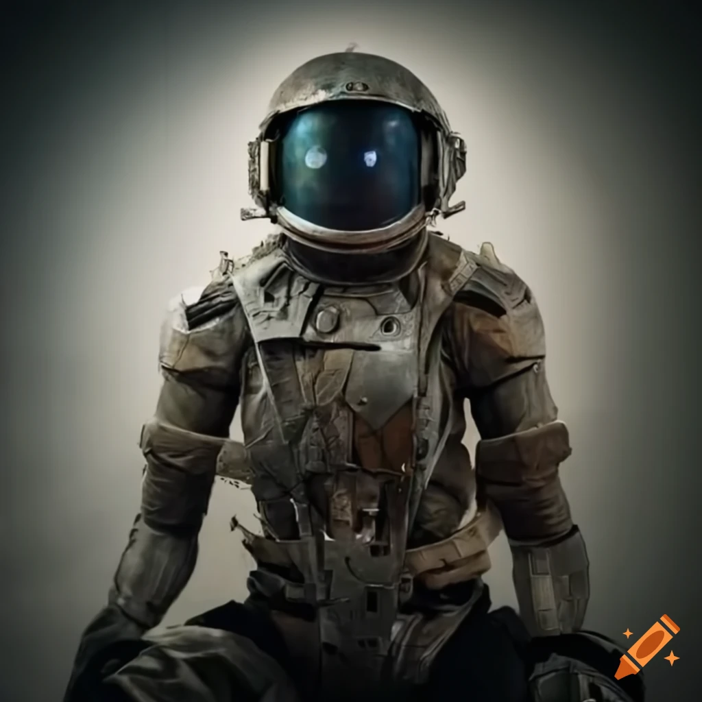 Damaged astronaut in forest with metal pierced in chest