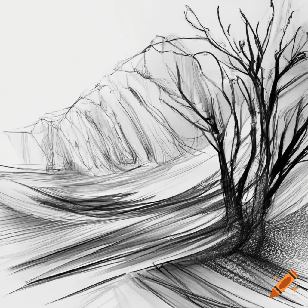 Unique landscape with sketch lines in black and white