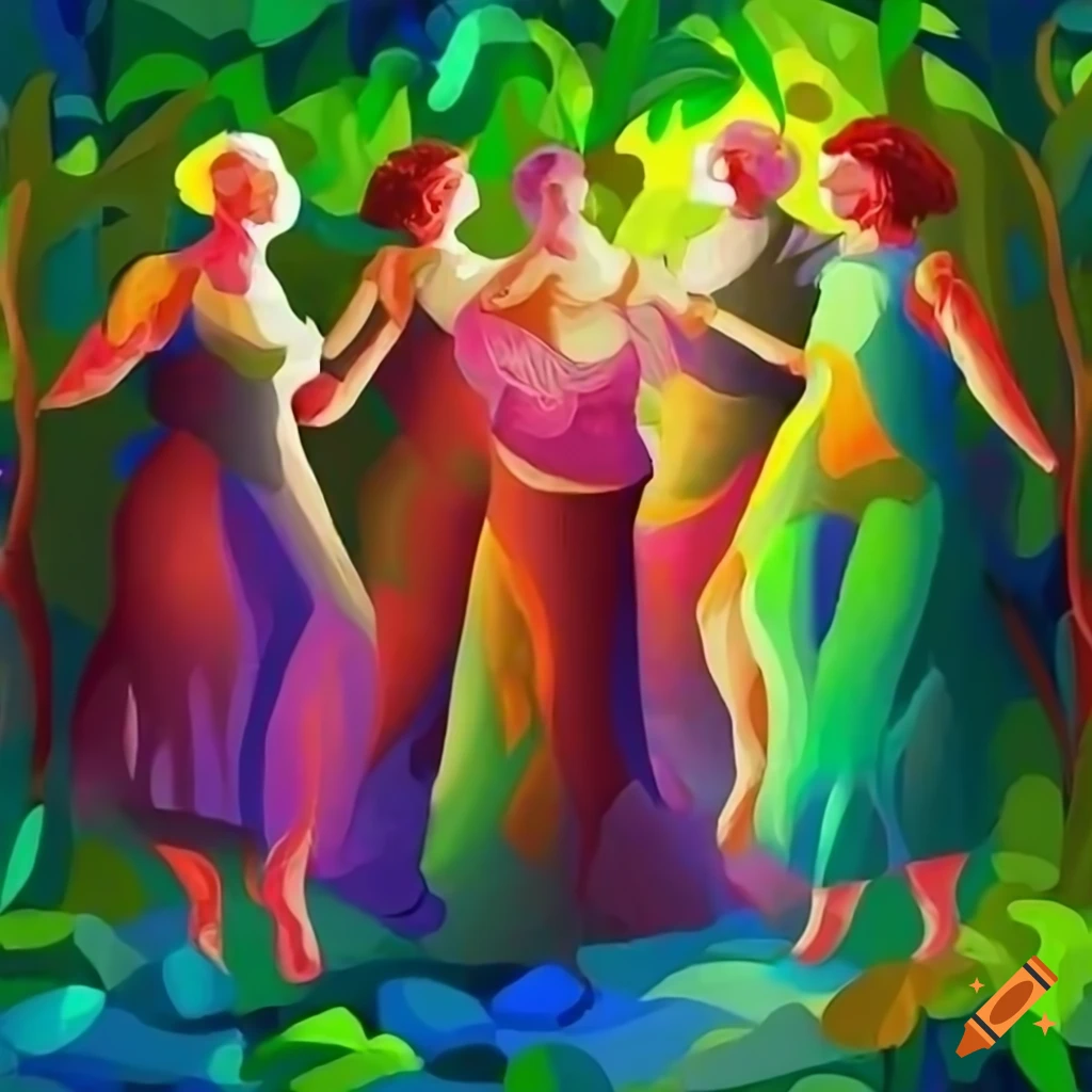 Culturally diverse older people dancing in a lush rainforest in Pre-Raphaelite style