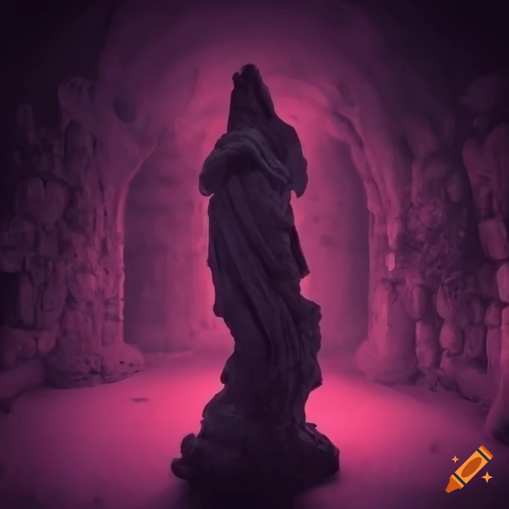 Slightly worn down stone statue of a fantasy figure in a dark dungeon