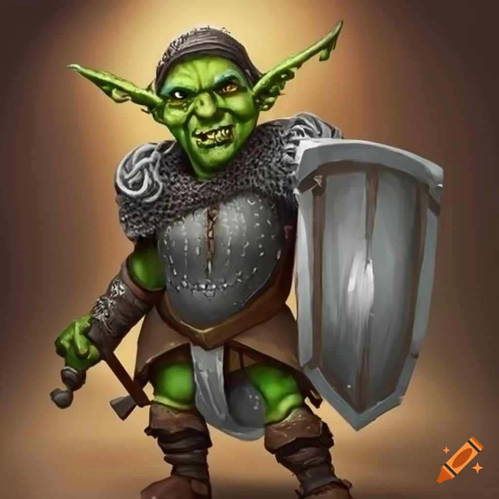 Goblin cleric in chainmail armor holding a shield on Craiyon