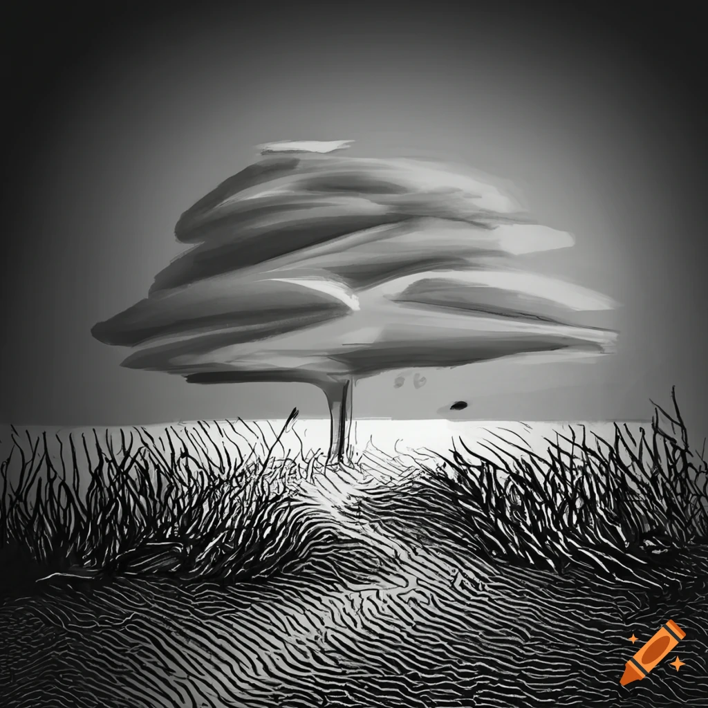 Landscape with counter-intuitive design in black and white sketch lines