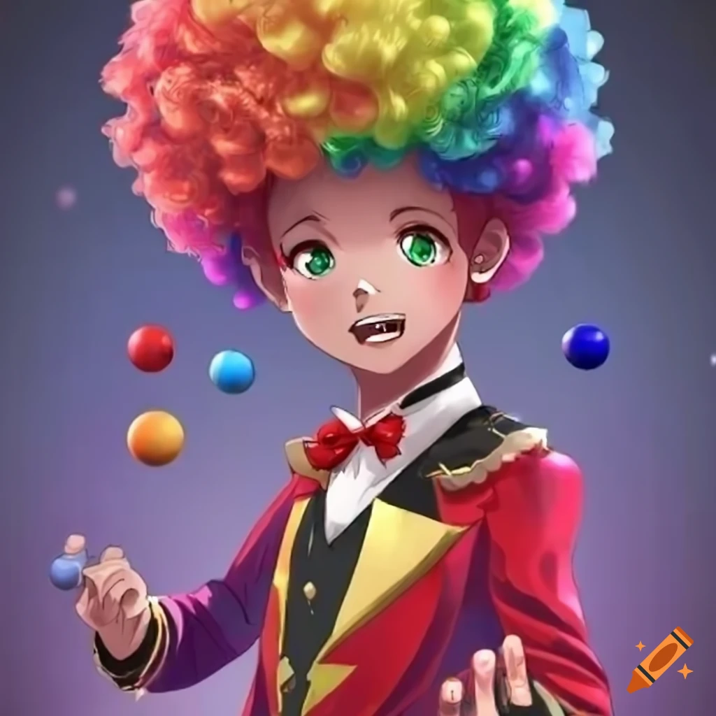 Anime circus boy in ringmaster outfit with rainbow afro wig juggling balls