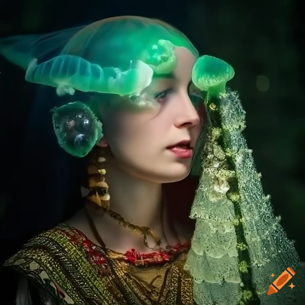 Mushroom and crystal jellyfish with green-haired goddess in traditional Christian Roman Orthodox dress and fairy wings