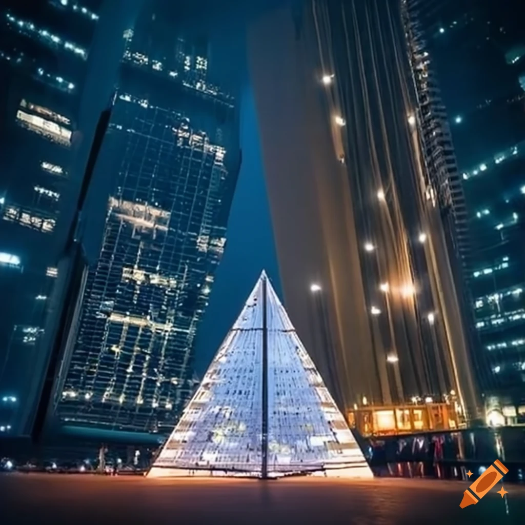 Pyramid-shaped metal and pearl sanctuary in a futuristic city at night