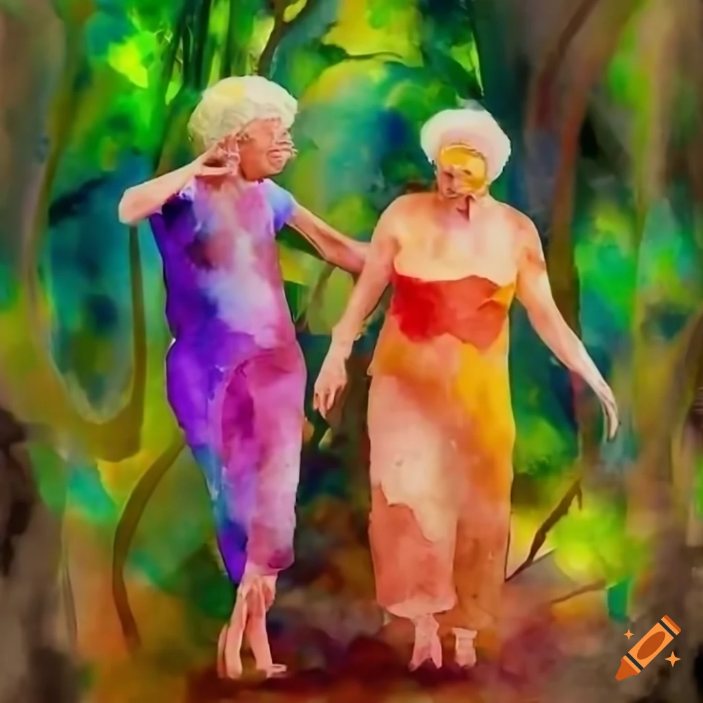 Culturally diverse older people dancing in a lush rainforest in Pre-Raphaelite style