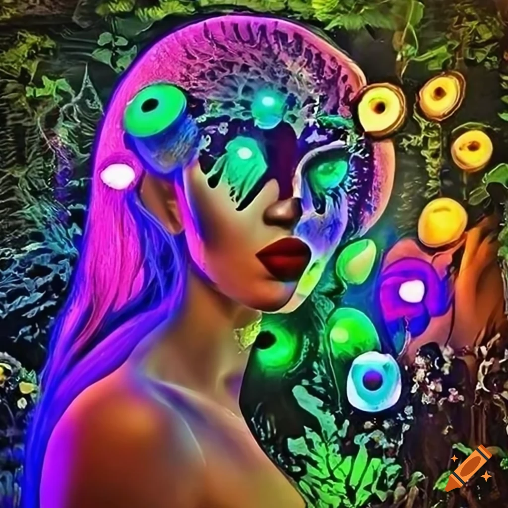 Fairy goddess in neon rainforest with glowing fungus and swirling ...