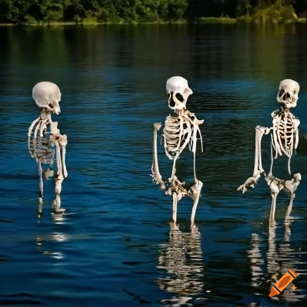 Three skeletons standing on a pier next to a lake