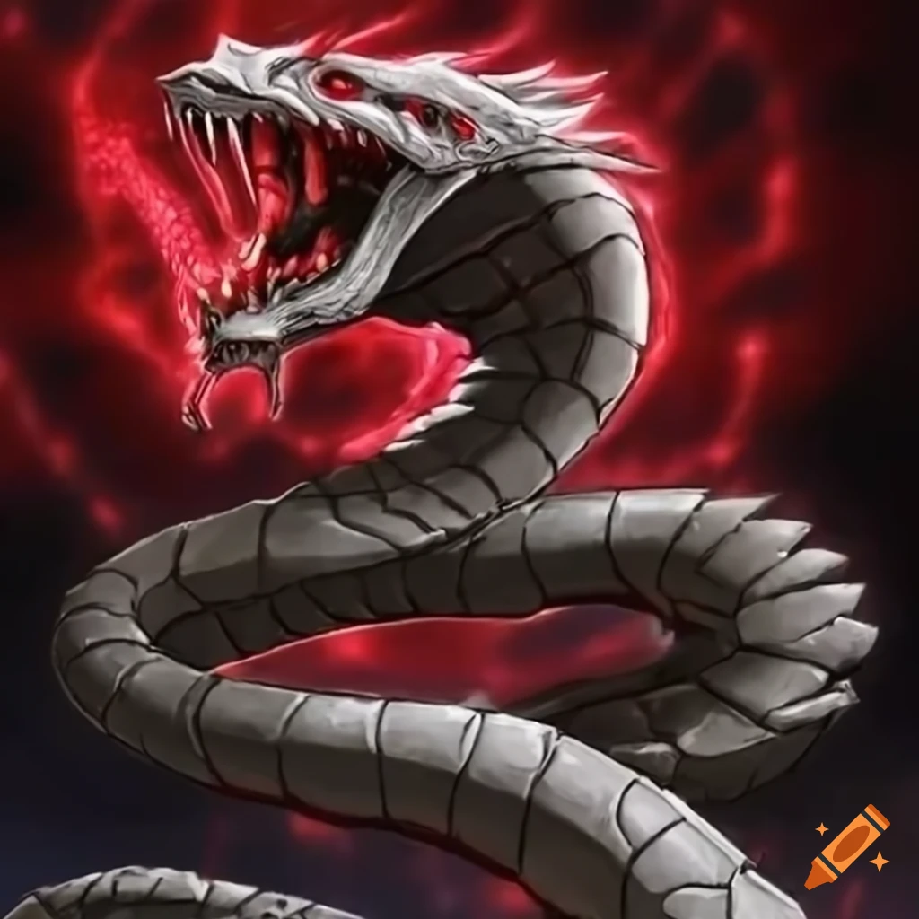 Giant white serpent with red eyes and halo roaring in yu-gi-oh art on  Craiyon