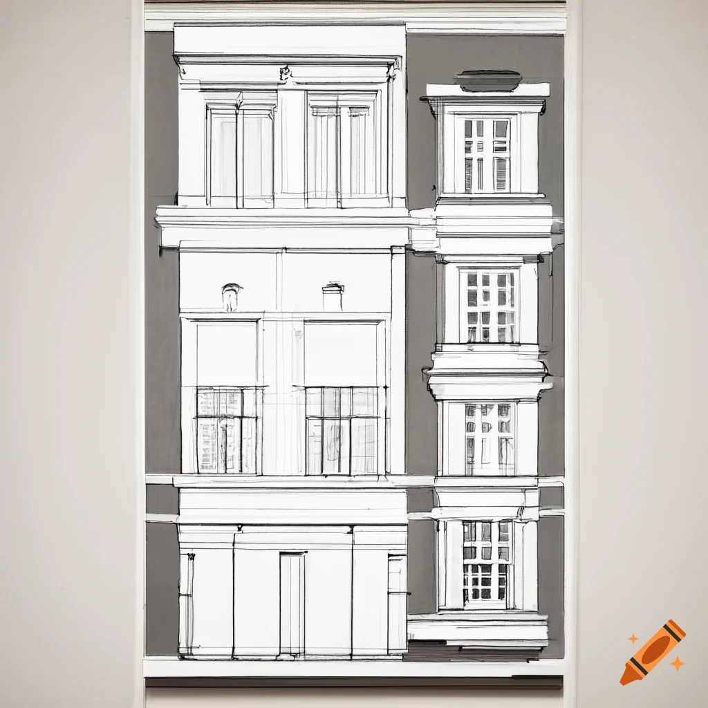 Architectural sketch of a residential facade with white stucco details