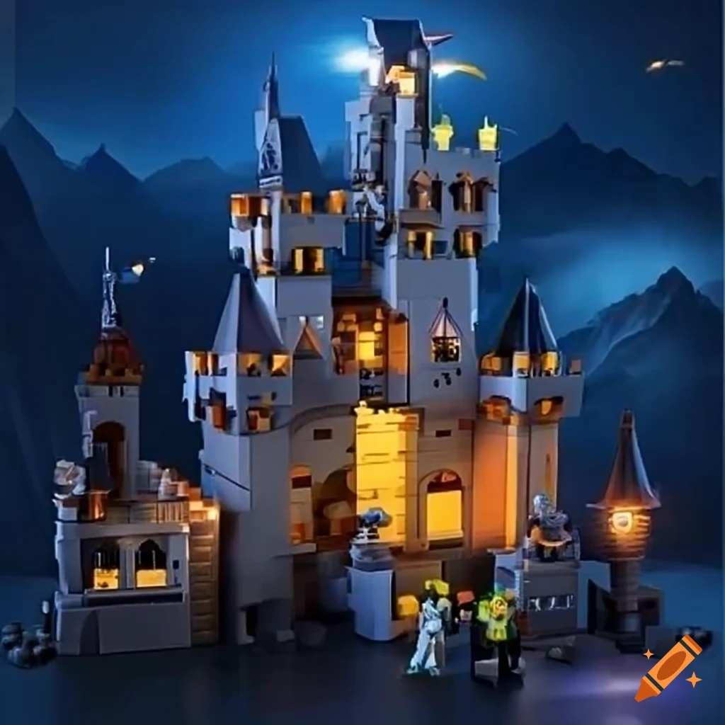 Lego medieval castle at nighttime