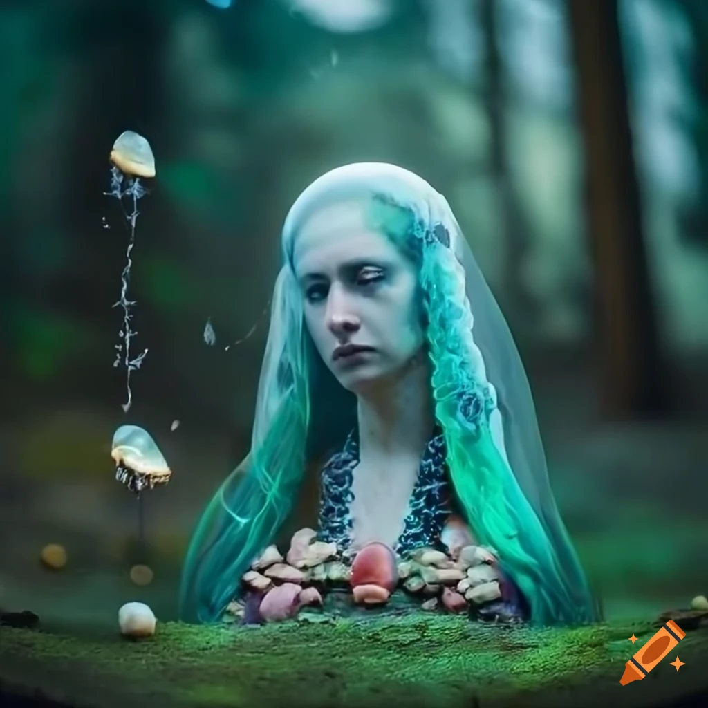 Mushroom and crystal jellyfish with green-haired goddess in traditional Christian Roman Orthodox dress and fairy wings