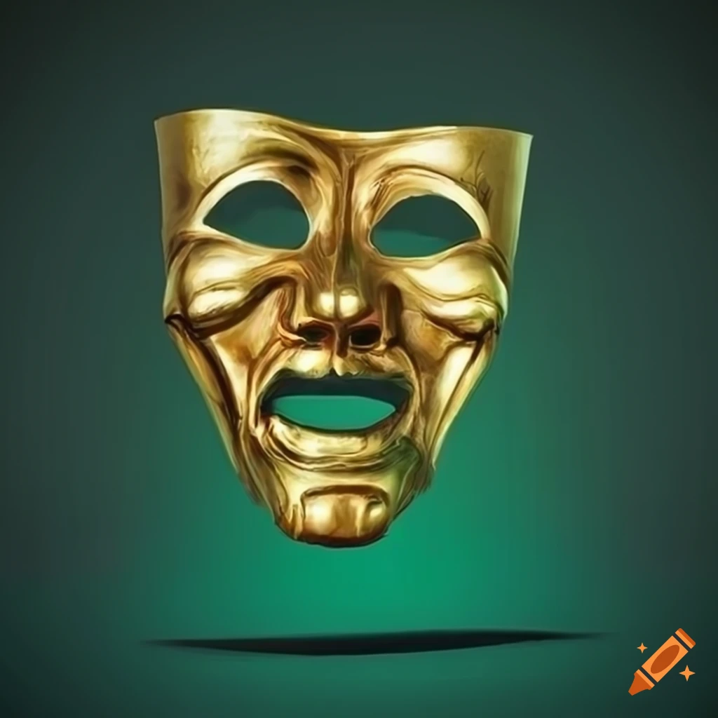 Highly detailed gold tragedy mask with light green backlighting on