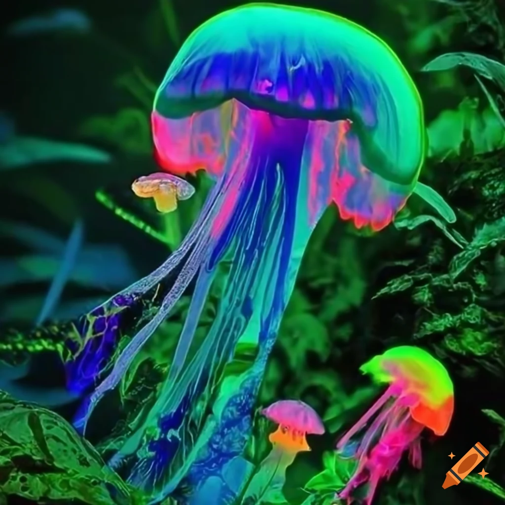 Vibrant fantasy forest with glowing fungus and neon rainforest on Craiyon