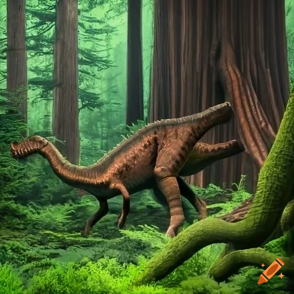 Colorful Hadrosaurus in a cedar forest with fallen trees and fern undergrowth