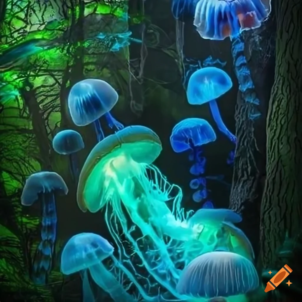 Vibrant fantasy forest with glowing plants and animated life on Craiyon
